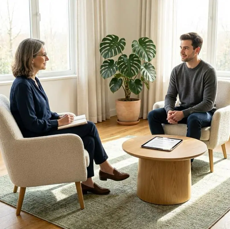 Colloquio tra psicologo e paziente in studio, immagine informativa sul Bonus Psicologo 2026 e sulla domanda INPS.