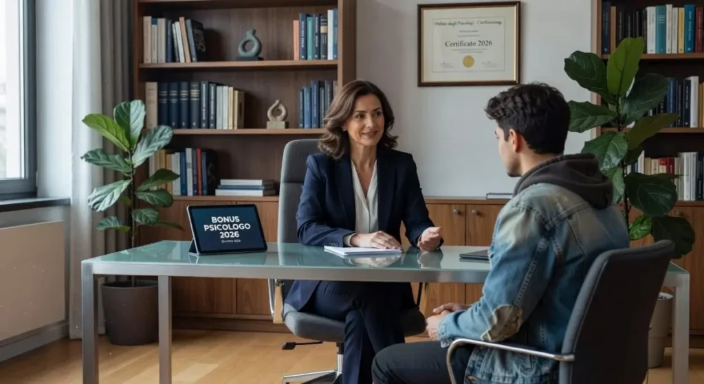 colloquio tra psicologo e paziente in studio, immagine informativa sul Bonus Psicologo 2026 e sulla domanda INPS.