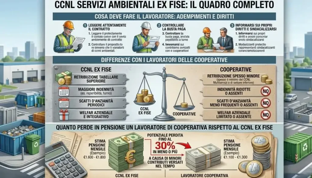 Infografica che confronta CCNL Servizi Ambientali ex FISE e lavoratori delle cooperative, mostrando differenze su retribuzione, indennità, diritti e impatto sulla pensione.