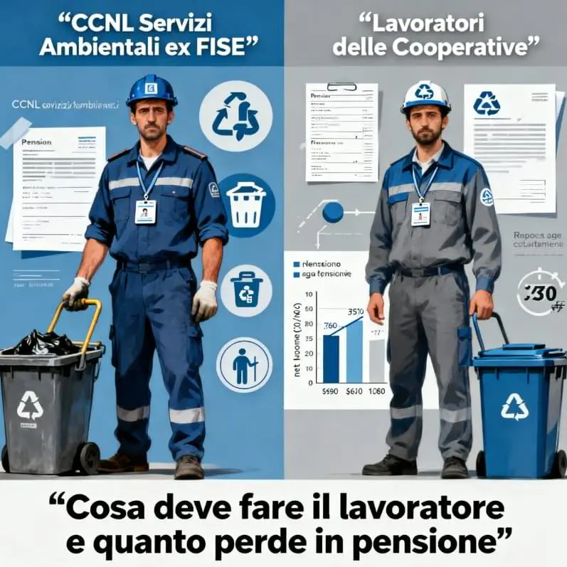 Confronto tra CCNL Servizi Ambientali ex FISE e lavoratori delle cooperative, con differenze su pensione, retribuzione e tutele rappresentate graficamente.
