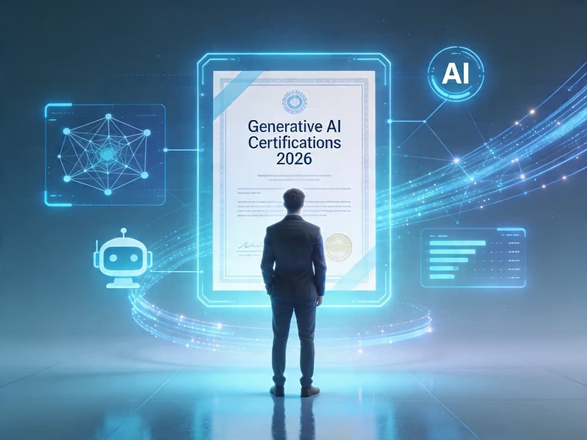 Certificazioni AI Generativa 2026 con professionista davanti a interfaccia olografica e icone di intelligenza artificiale