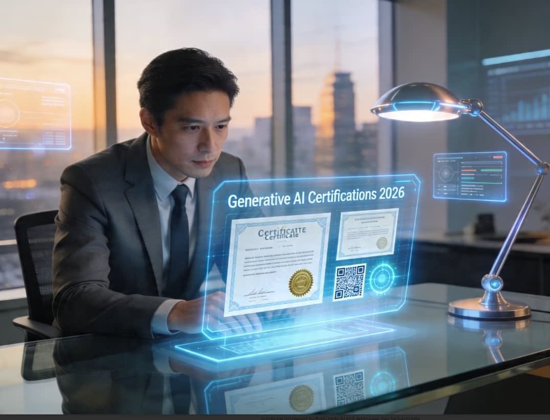 Certificazioni AI Generativa 2026 su interfaccia olografica con professionista alla scrivania e pannelli digitali