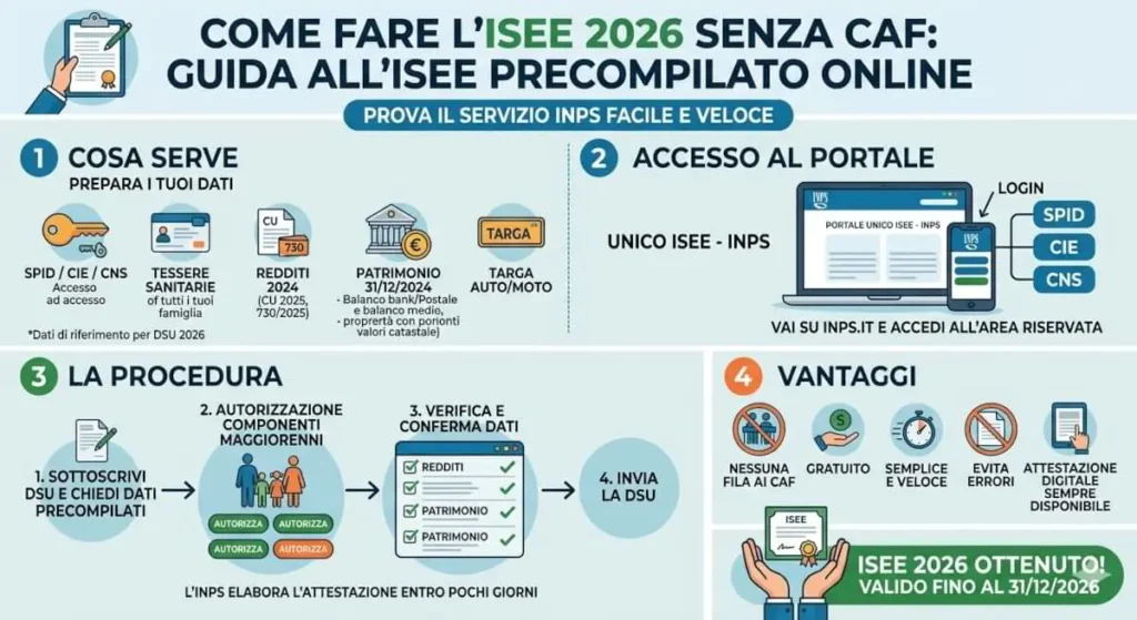 Infografica su come fare l’ISEE 2026 senza CAF usando il servizio INPS precompilato, con requisiti, accesso, procedura e vantaggi.