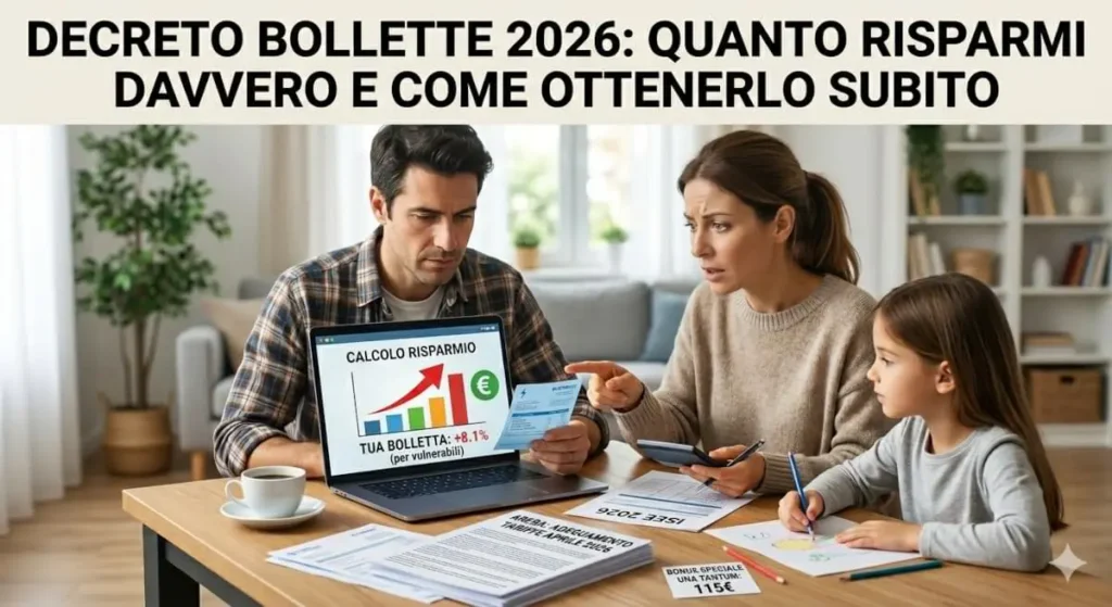 Famiglia che analizza bollette e risparmi con il Decreto Bollette 2026 sul laptop.
