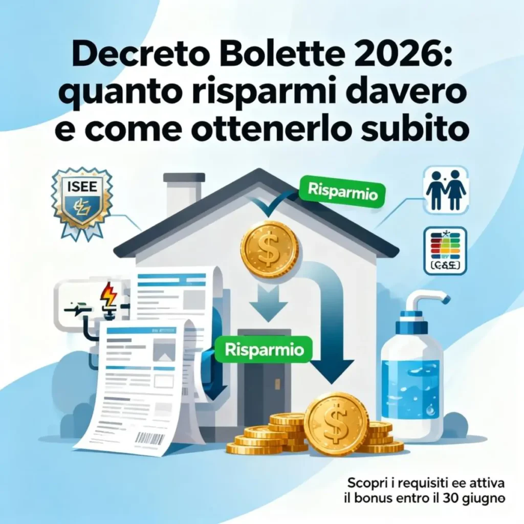 Infografica sul Decreto Bollette 2026 con casa, icone ISEE e indicazioni sul risparmio.

