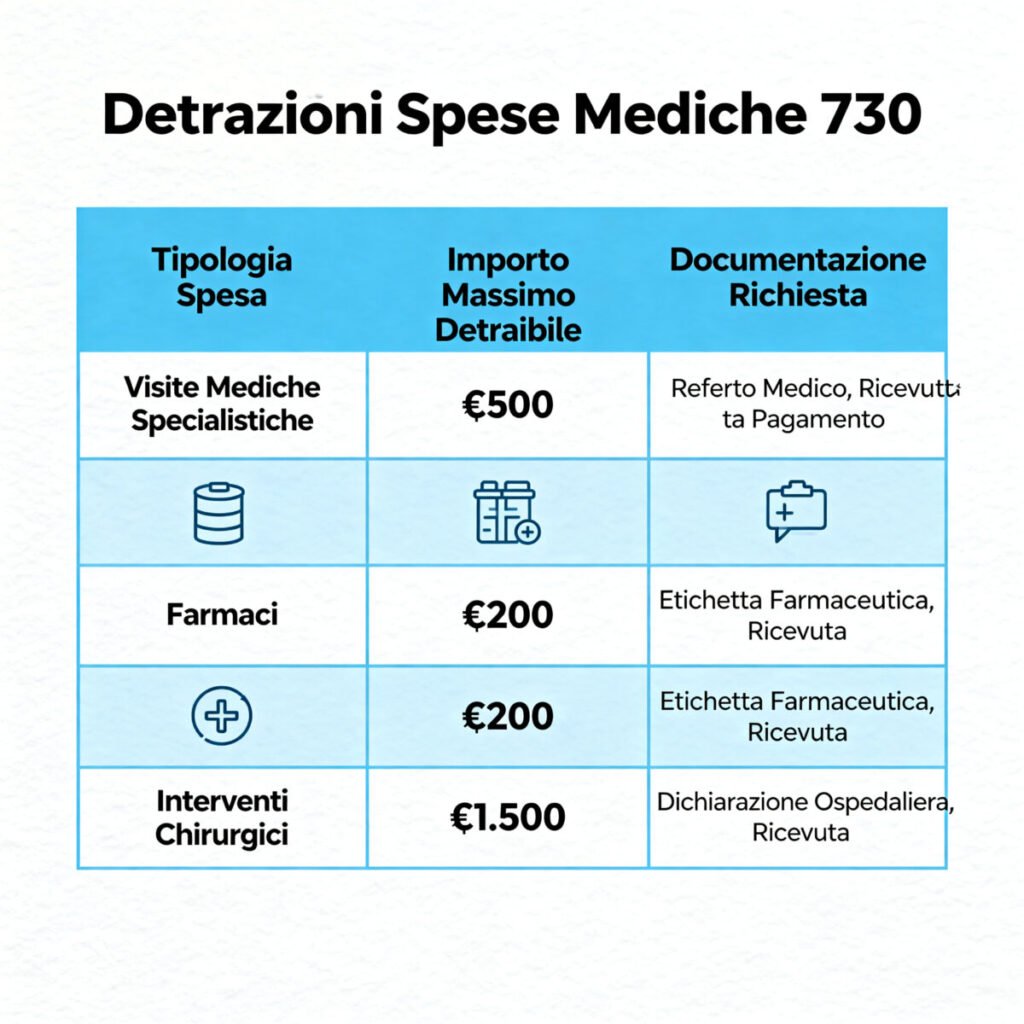 Detrazione spese mediche 730: tabella importi detraibili e documenti richiesti
