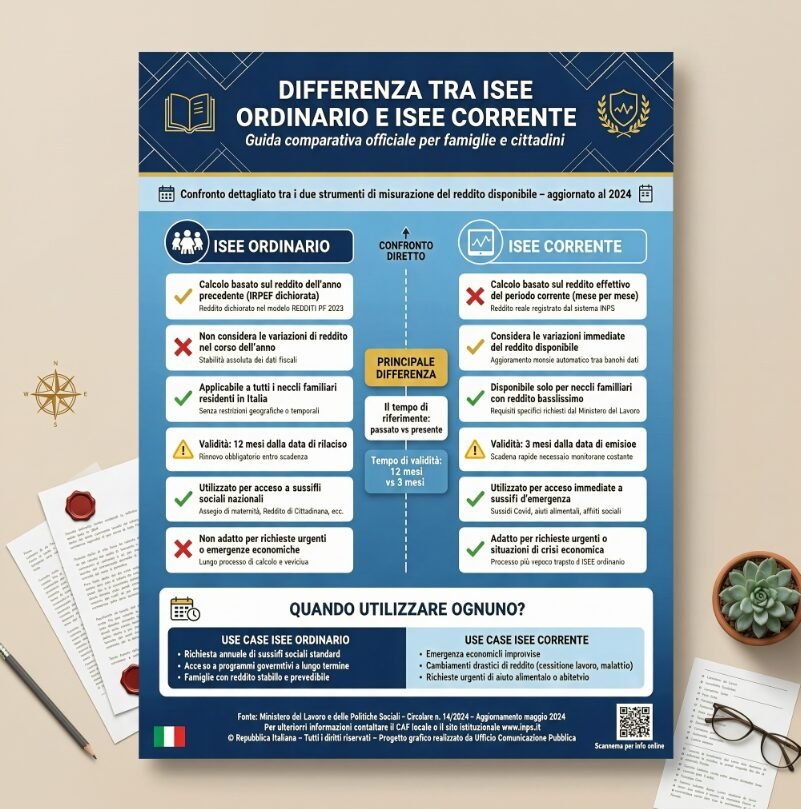 Infografica che confronta la differenza tra ISEE ordinario e ISEE corrente, con validità, requisiti e casi d’uso.