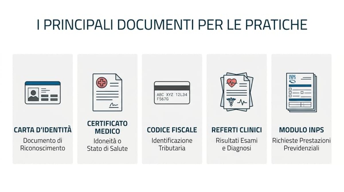 Elenco dei documenti necessari per la domanda di invalidità: carta d’identità, certificato medico, codice fiscale, referti clinici e modulo INPS.