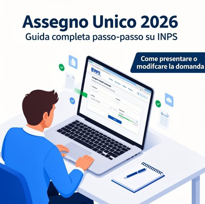 Come presentare la domanda Assegno Unico 2026: procedura online illustrata su laptop con form ufficiale.