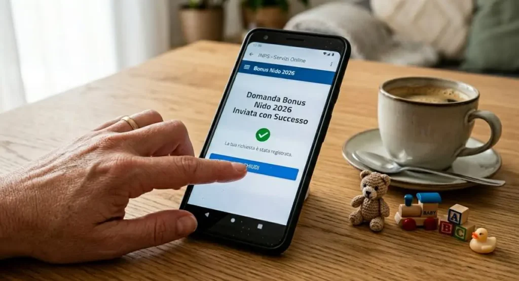 Schermo di smartphone che mostra la conferma di invio della domanda Bonus Asilo Nido 2026 sul portale INPS, accanto a giocattoli per bambini e una tazza di caffè.