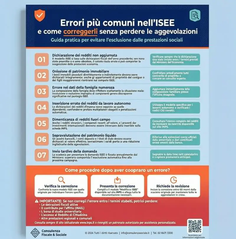 Infografica sugli errori più comuni nell’ISEE 2026 e su come correggerli per non perdere agevolazioni.