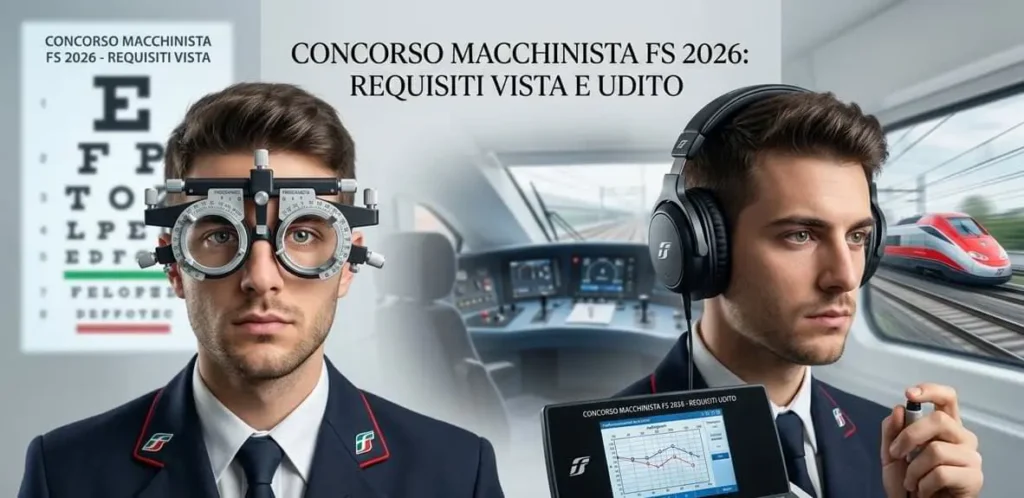 Candidati macchinisti FS durante test della vista e dell’udito per il concorso 2026, con prove optometriche e audiometriche.