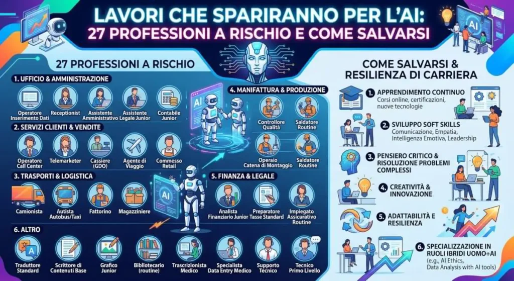 Infografica sui lavori che spariranno per l’AI con elenco delle professioni a rischio e strategie per adattarsi.
