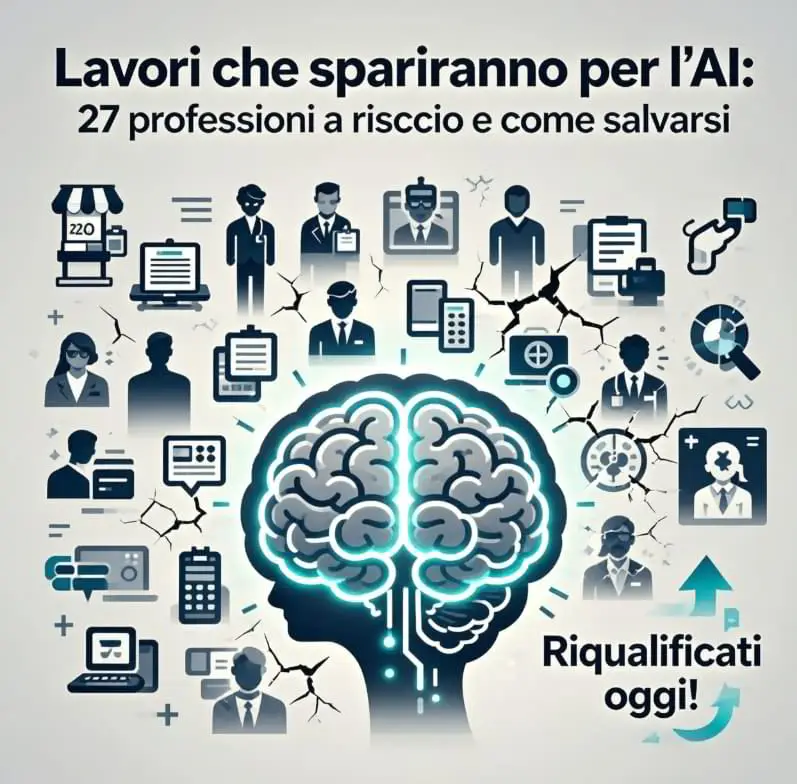 Immagine sui lavori che spariranno per l’AI con illustrazione di professioni a rischio e invito alla riqualificazione.