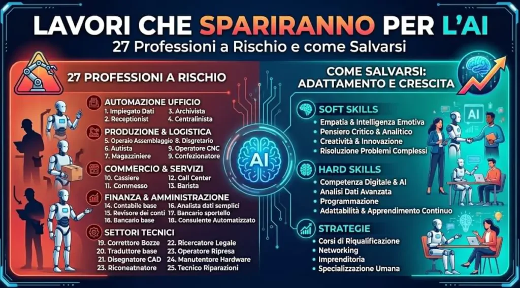 Infografica sui lavori che spariranno per l'AI con elenco delle 27 professioni a rischio e consigli su come adattarsi.

