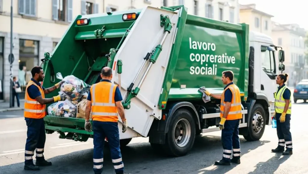 Squadra di lavoratori al lavoro cooperativa sociale impegnata nei servizi ambientali.