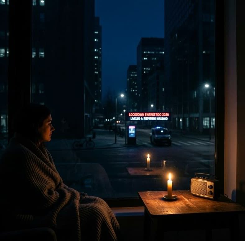 Persona in casa durante il lockdown energetico 2026, illuminata da candele mentre osserva la città al buio.