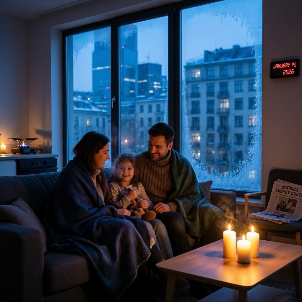 Famiglia in casa durante il lockdown energetico 2026, illuminata da candele per il razionamento di energia.