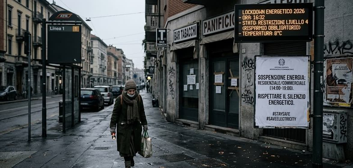 Scena urbana durante il lockdown energetico 2026, con negozi chiusi, cartelli di restrizioni e una persona che cammina al buio con una torcia.