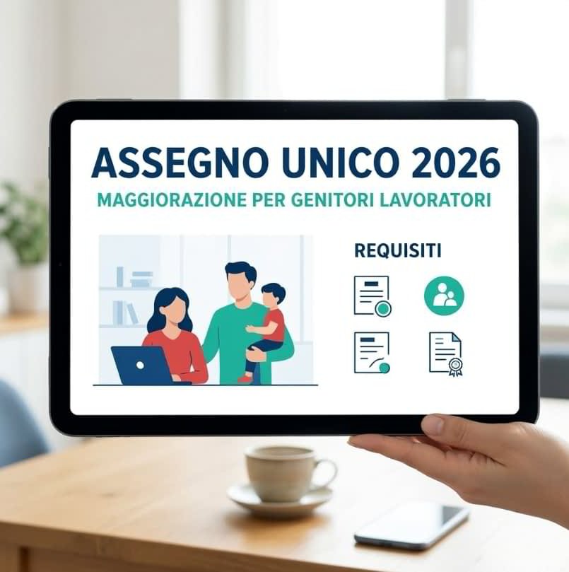 Requisiti della maggiorazione Assegno Unico 2026 per genitori lavoratori, illustrati su tablet