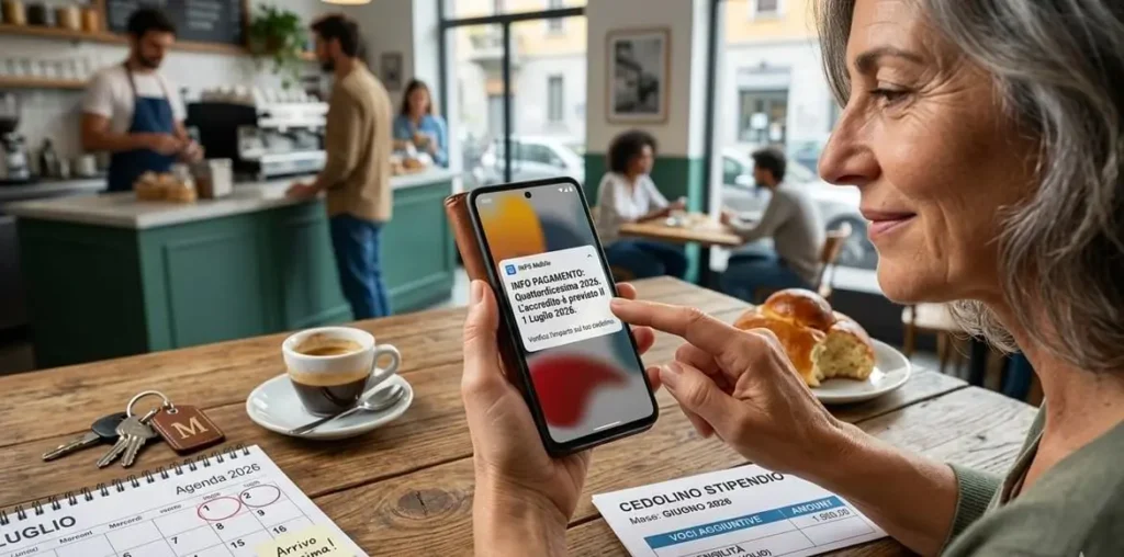 Grafica informativa che mostra quando  la quattordicesima quando arriva, con le date di pagamento per pensionati e lavoratori.