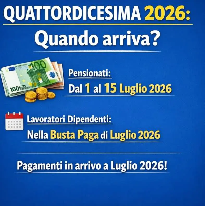 Grafica informativa sulla quattordicesima 2026 con le date di pagamento di luglio per pensionati e lavoratori.