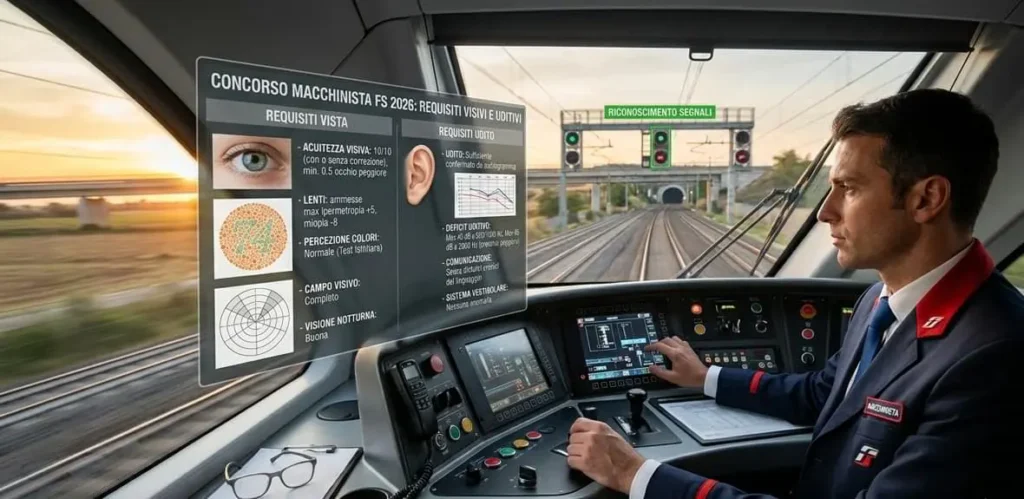 Macchinista nella cabina di guida durante la verifica dei requisiti visivi e uditivi richiesti per il concorso FS 2026.