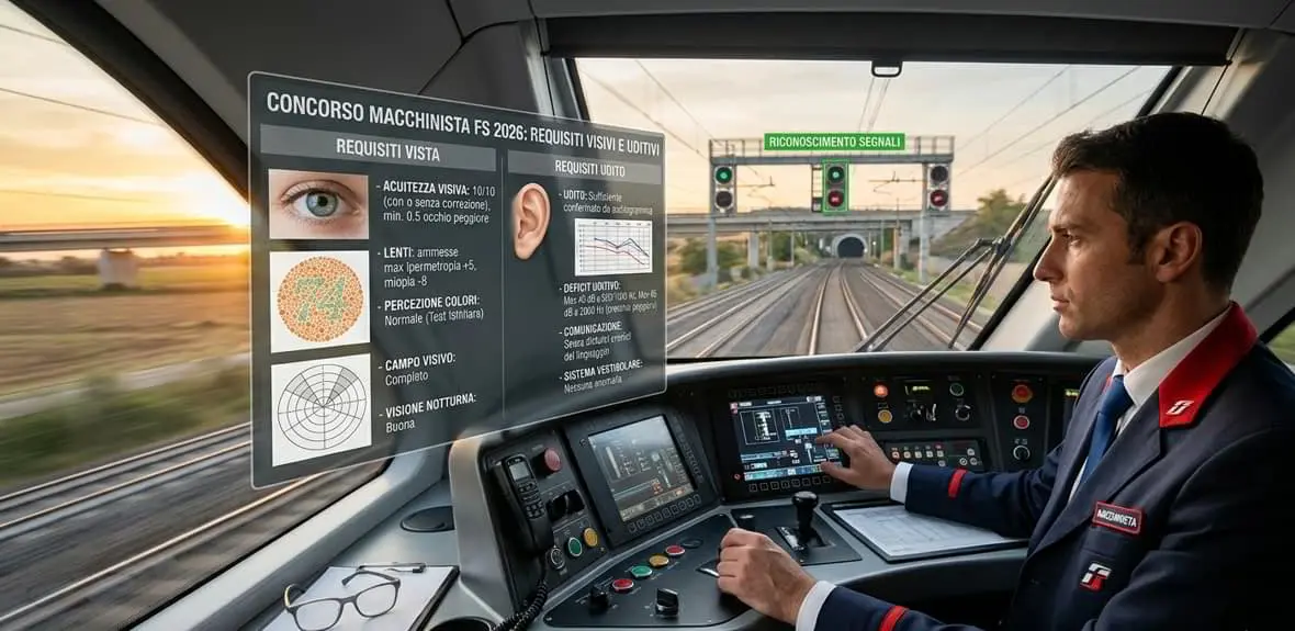Macchinista nella cabina di guida durante la verifica dei requisiti visivi e uditivi richiesti per il concorso FS 2026.