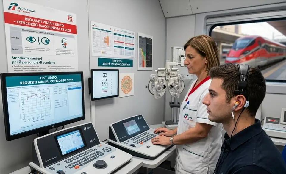 Requisiti vista e udito per il concorso macchinista FS 2026, con test di acuità visiva, senso cromatico e audiometria.