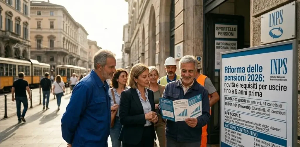Persone davanti a una sede INPS che consultano le novità della Riforma  Pensioni 2026 con indicazioni su quota 103, quota 104 e anticipo contributivo.”