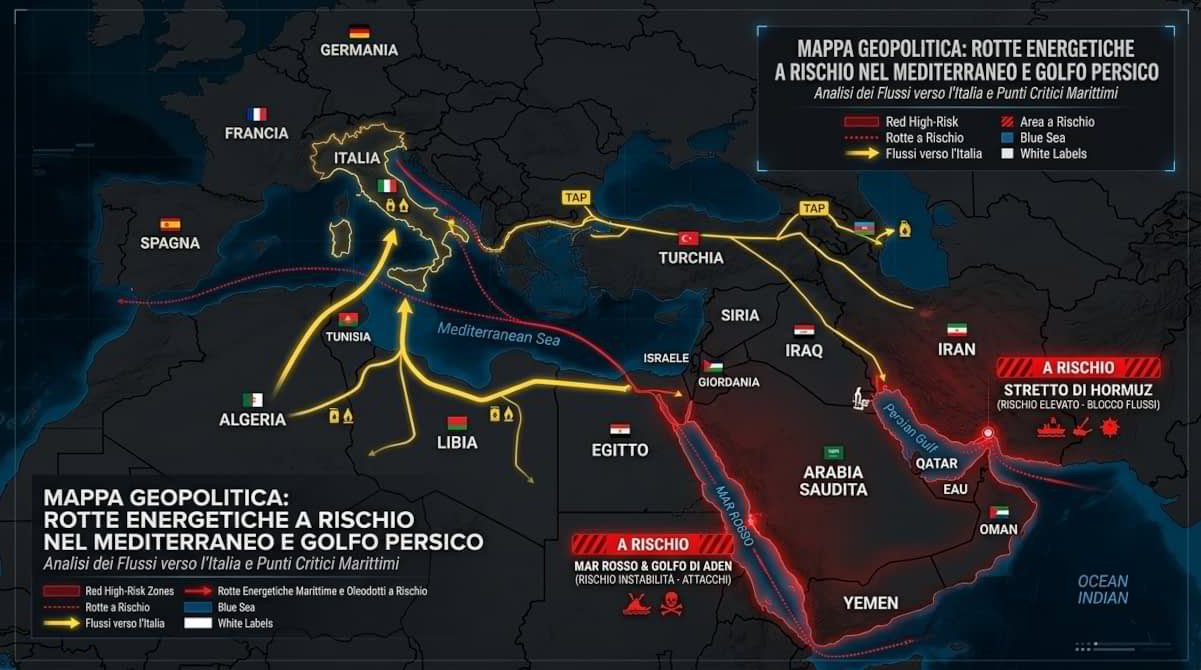 Mappa dei rischi energetici 2026 per l’Italia: rotte del gas e del petrolio a rischio nel Mediterraneo e Golfo Persico, con punti critici e flussi verso l’Italia.