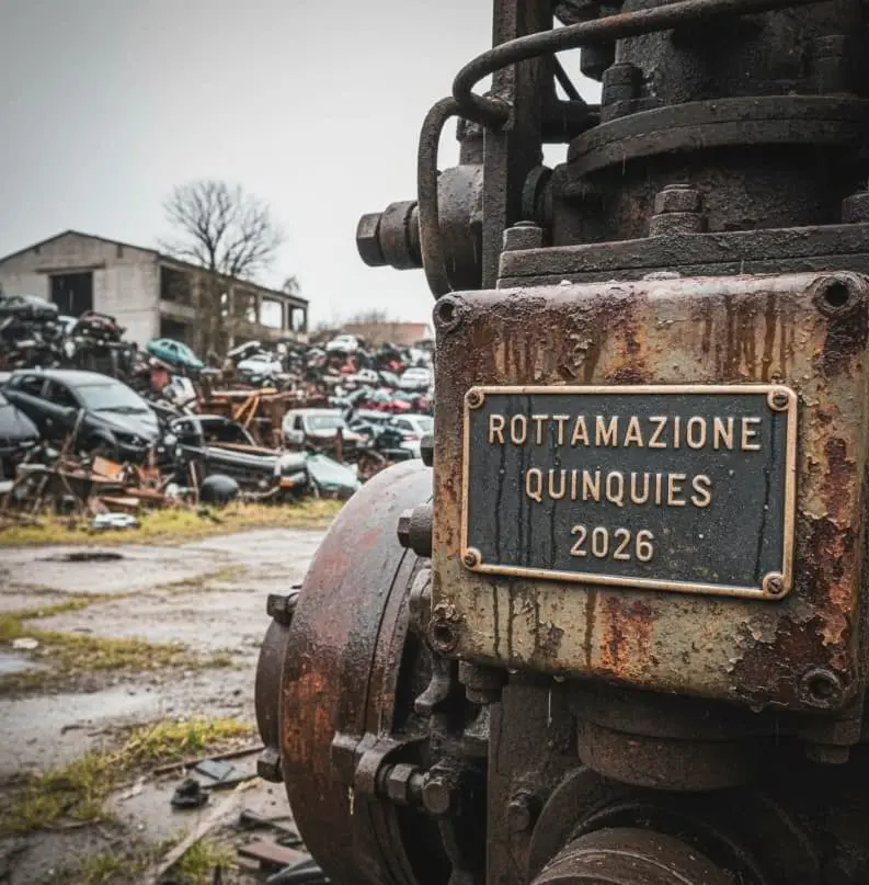 Targa rottamazione quinquies 2026 su un vecchio macchinario in uno sfasciacarrozze.

