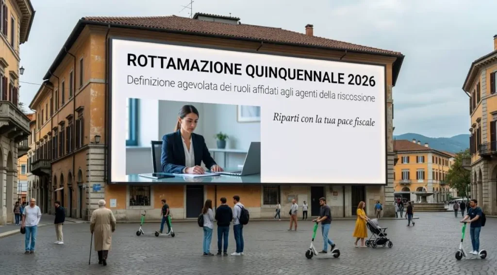Cartellone pubblicitario in una piazza italiana dedicato alla rottamazione quinquies 2026, con slogan sulla pace fiscale.
