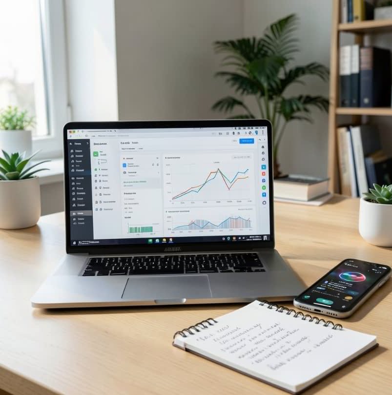 Scrivania con laptop e dashboard usare ai per seo 2026 per ottimizzare contenuti nel 2026