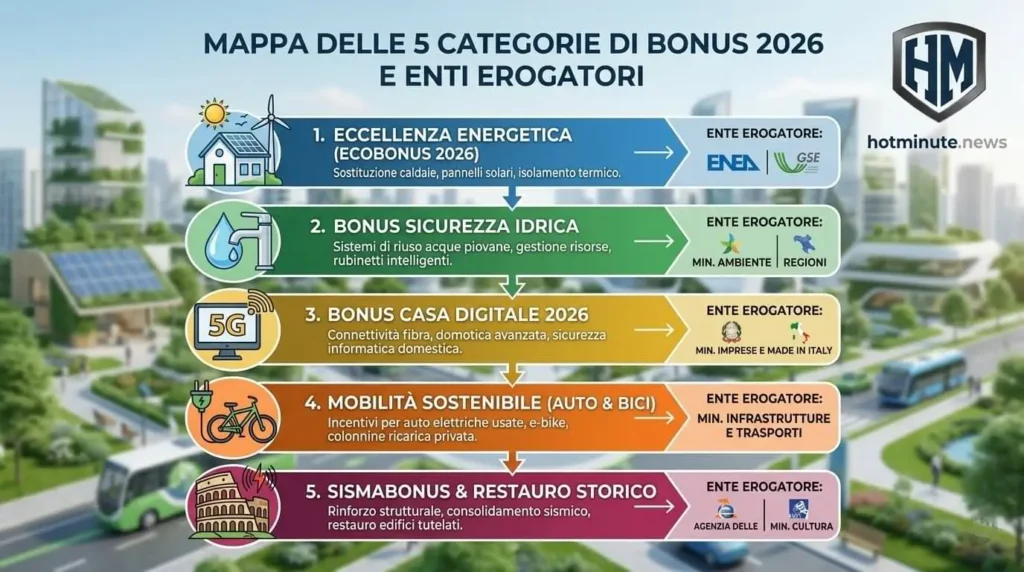 Infografica sui bonus 2026 con cinque categorie di incentivi e relativi enti erogatori, ambientata in una città futuristica con edifici moderni, pannelli solari, verde urbano e mobilità sostenibile.”