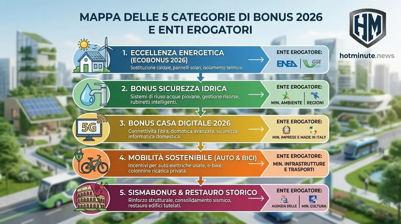 Infografica sui bonus 2026 con cinque categorie di incentivi e relativi enti erogatori, ambientata in una città futuristica con edifici moderni, pannelli solari, verde urbano e mobilità sostenibile.”