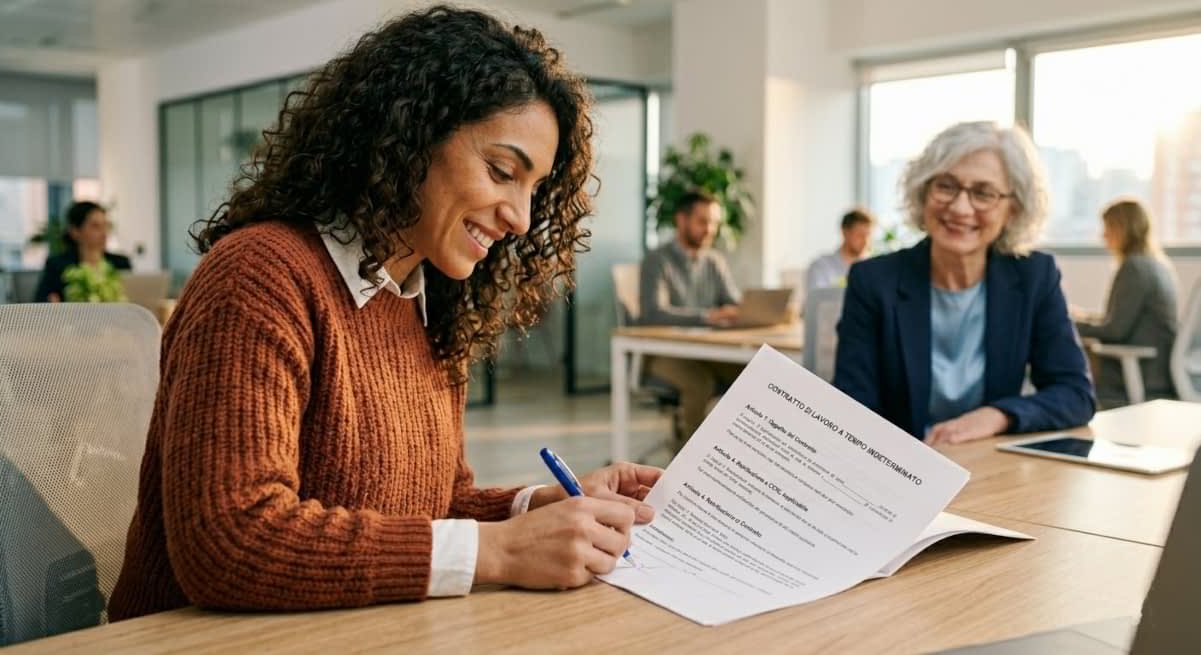 "Donna firma un contratto di lavoro grazie al bonus donne 2.0 previsto dal Decreto 1° Maggio 2026"
