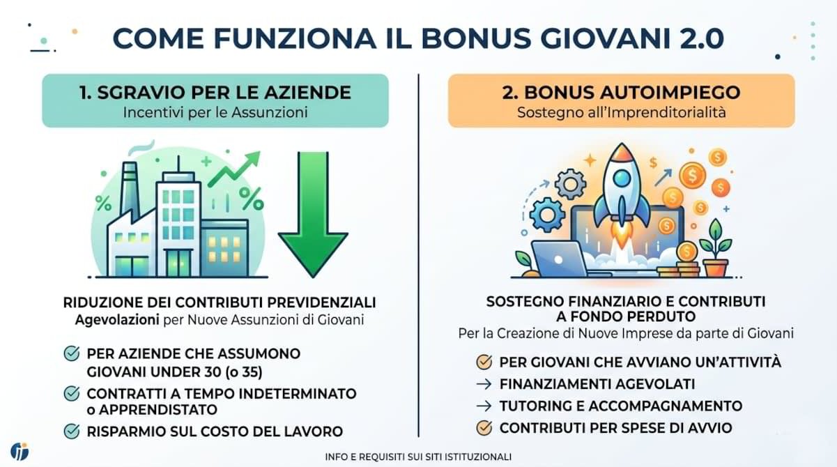 Infografica sul Bonus Giovani 2.0 2026 con sgravi per assunzioni e incentivi all’autoimpiego