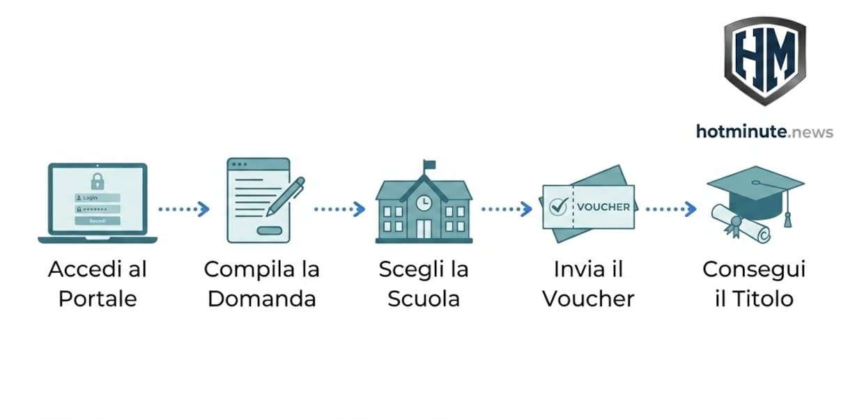 “Infografica sul Bonus Patente Autotrasporto 2026 con passaggi per accedere al portale, compilare la domanda, scegliere la scuola, inviare il voucher e conseguire il titolo