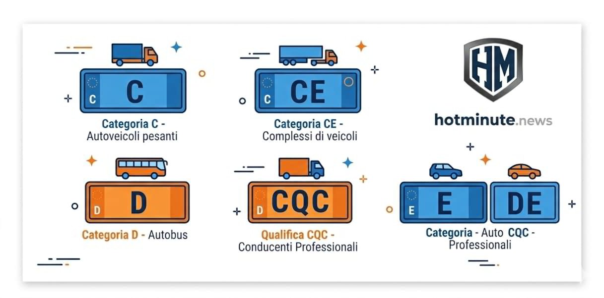 Infografica sul Bonus Patente Autotrasporto 2026 con categorie C, CE, D e qualifiche CQC per conducenti professionali