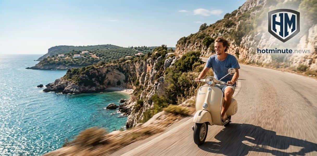 ragazza in scooter lungo la costa di corfù 2026 con mare turchese feste e atmosfera di kavos