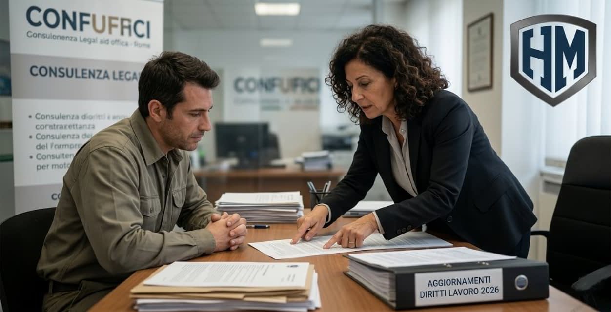 Consulenza legale sui Diritti del Lavoratore 2026 tra un dipendente e un consulente in ufficio, con documenti aggiornati sul tavolo