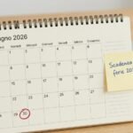 Calendario da tavolo aperto su Giugno 2026 con il giorno 30 cerchiato in rosso e un post-it per la scadenza delle ferie non godute 2026.