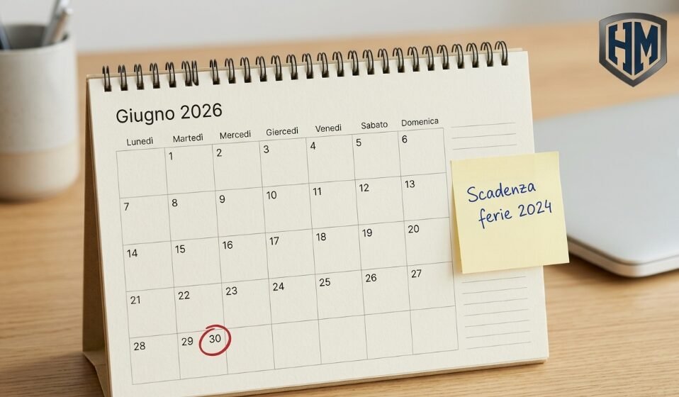 Calendario da tavolo aperto su Giugno 2026 con il giorno 30 cerchiato in rosso e un post-it per la scadenza delle ferie non godute 2026.