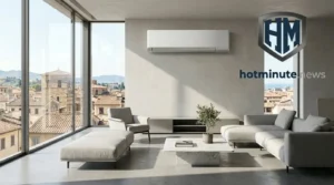 Soggiorno moderno con condizionatore a parete acceso; immagine illustrativa per la guida al Bonus Condizionatori 2026.