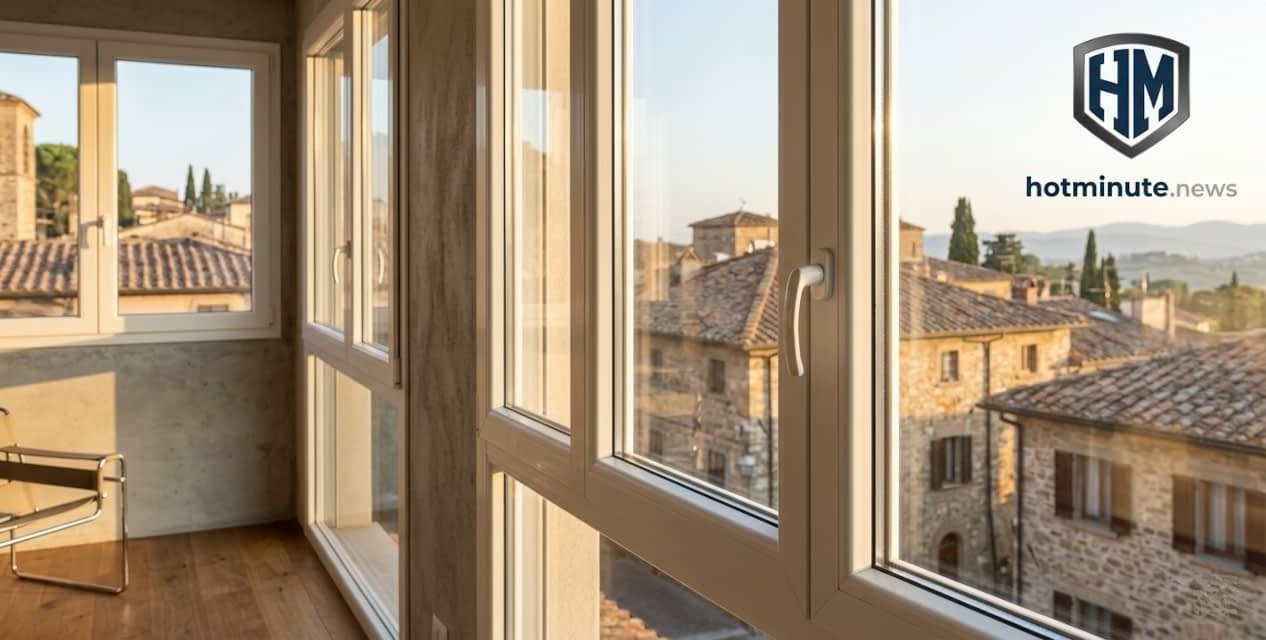 Vista interna con grandi finestre su un borgo storico; immagine per la Guida al Bonus infissi 2026: le nuove regole.