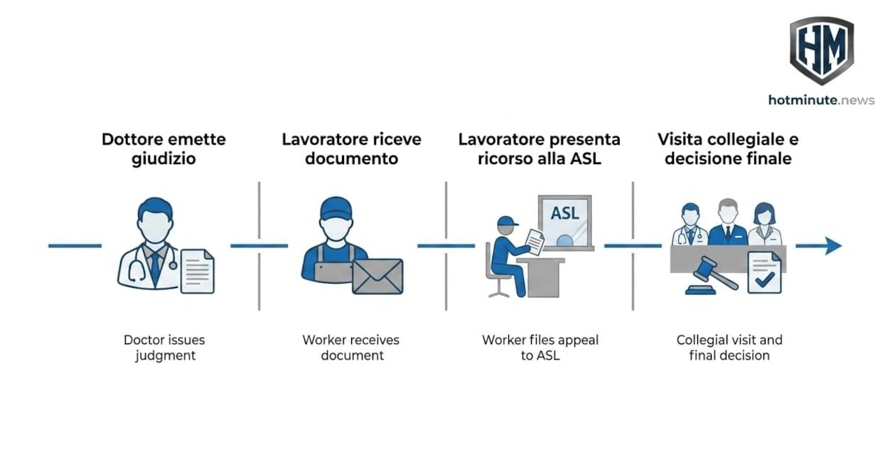 Infografica sul processo di ricorso quando l’idoneità negata dal medico alla mansione viene negata dal medico: giudizio iniziale, consegna del documento, ricorso alla ASL e visita collegiale finale.