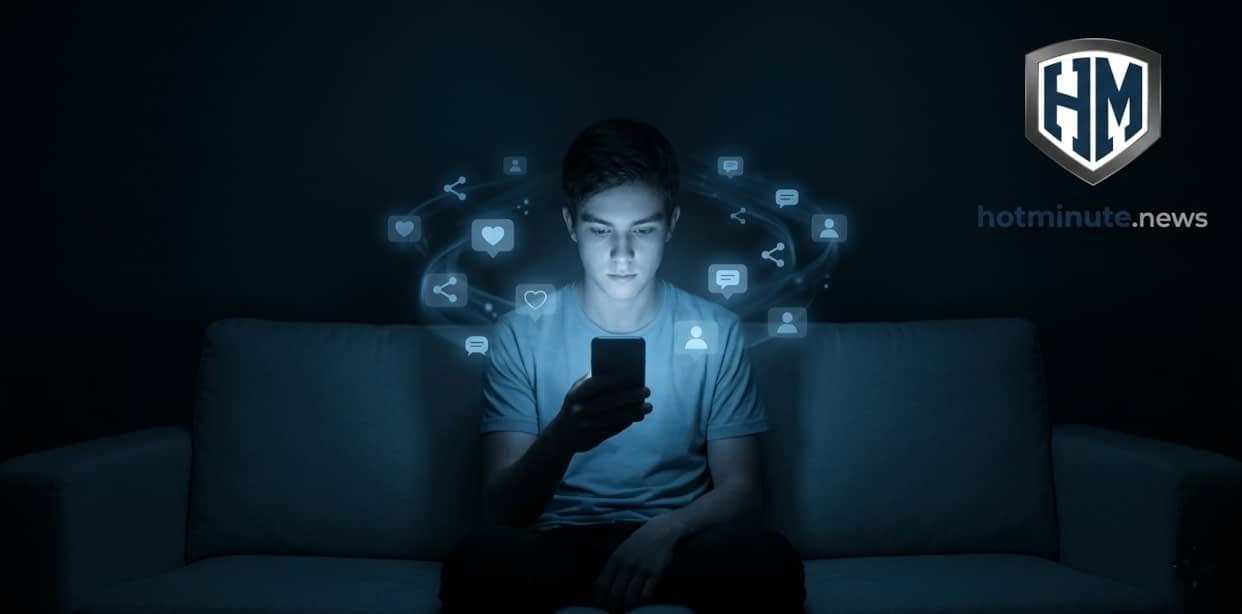 Persona seduta al buio illuminata solo dallo smartphone, circondata da icone social luminose che rappresentano la solitudine digitale