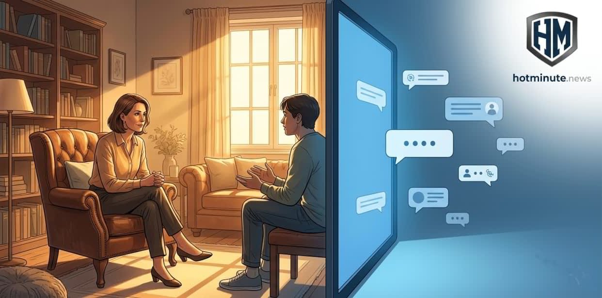 “Confronto visivo tra terapia umana e chat AI, per mostrare che l’AI non può aiutare nei traumi.”