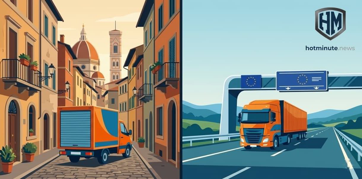 Stipendio autista CE 2026 camion in viaggio su strada europea con tir arancione e blu, simbolo UE e scenario